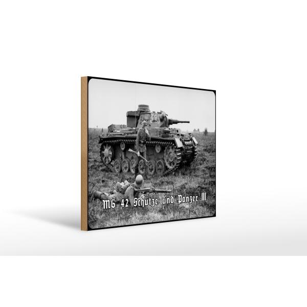 Holzschild 20x30cm Historisch MG 42 Schütze und Panzer III Deutschland